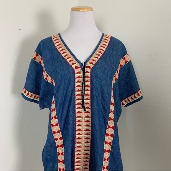 Zara TRF Denim Chambray Embroidered Dress Women’s S Pockets Colorful Boho - Picture 11 of 15